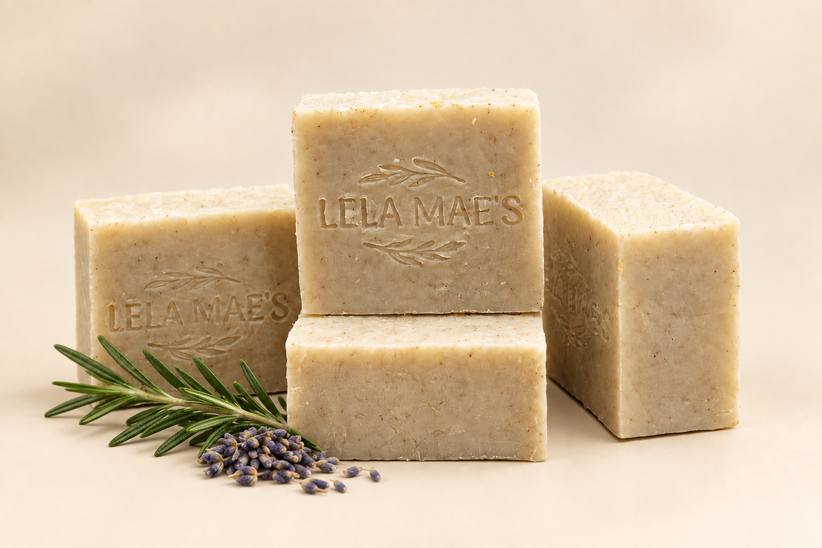 Rosemary Lavender Hair, Body & Beard Bar with rosemary and lavender props